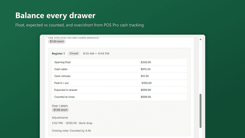 Cash drawer reconciliation with over/short per register