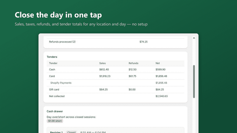 Daily closeout with sales summary and tender totals
