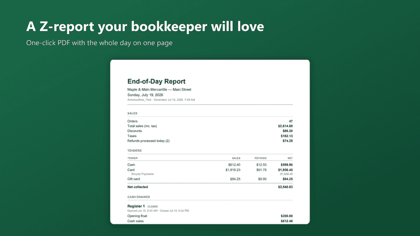 One-click end-of-day PDF report for the bookkeeper