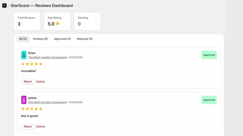 StarScore admin dashboard with review management