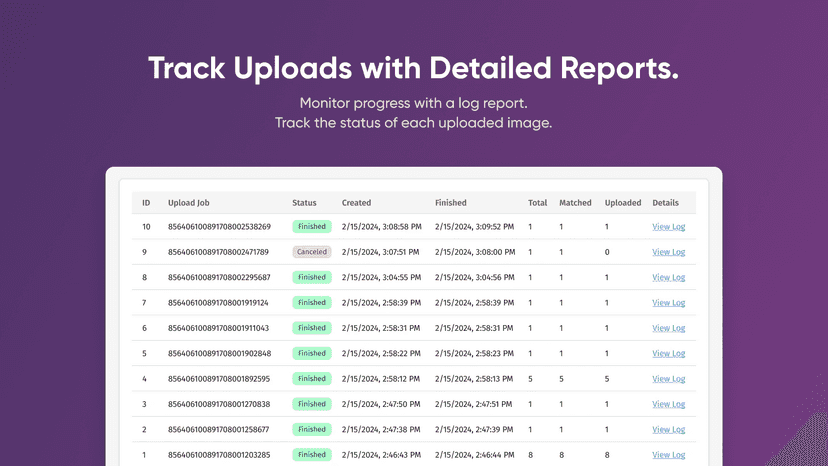 View detailed product image upload reports using a dashboard