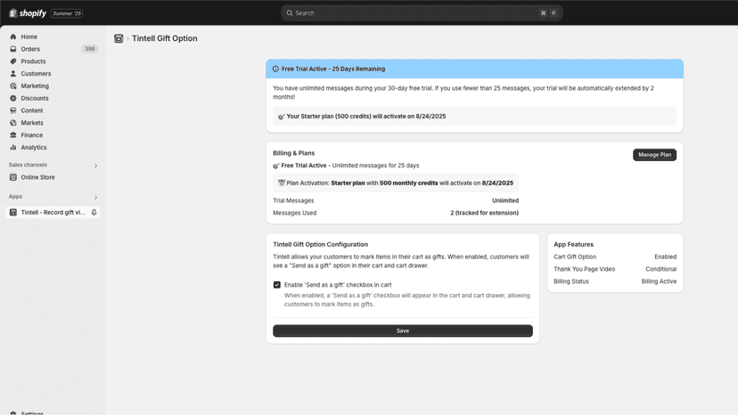 Tintell Gift Option admin: free trial banner & gift checkbox