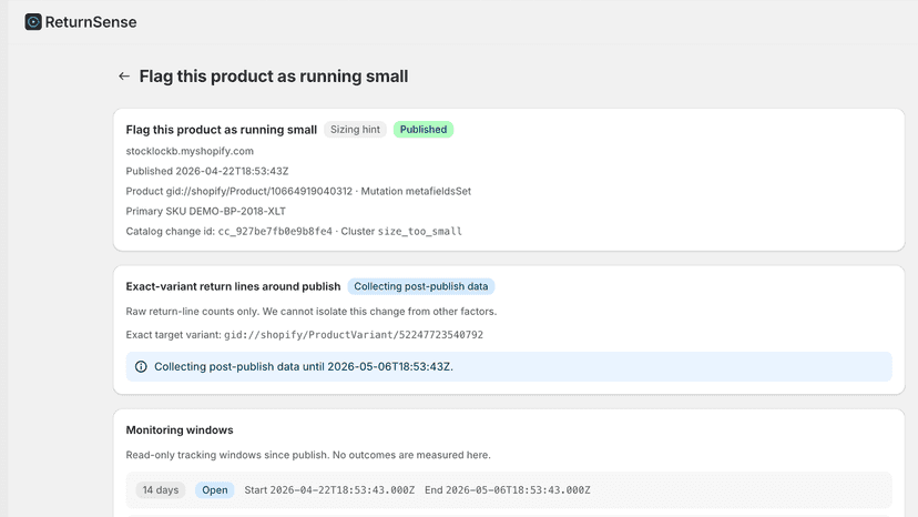 Published fix detail with before and after monitoring