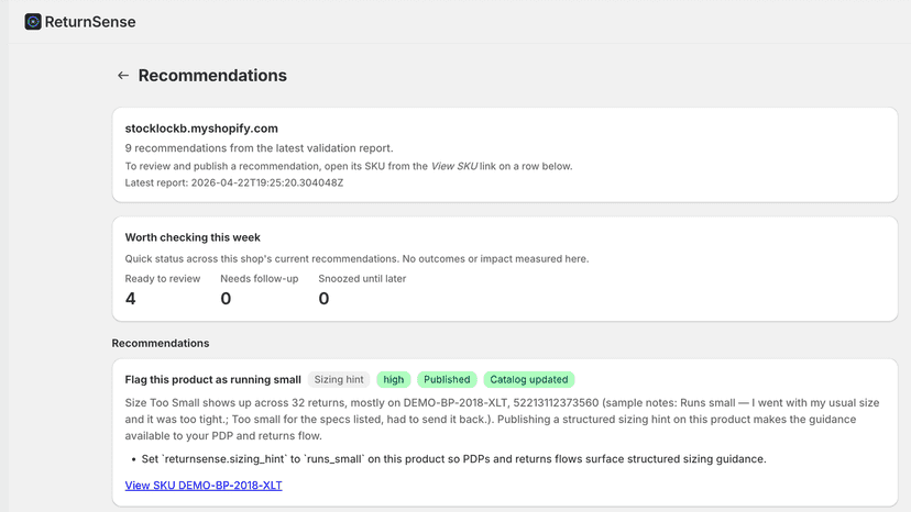 ReturnSense recommendations inbox with product fixes