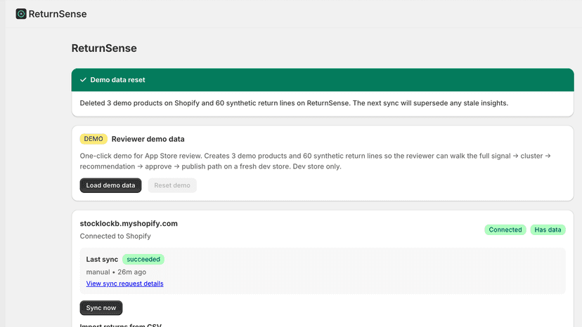 ReturnSense overview dashboard with return insights