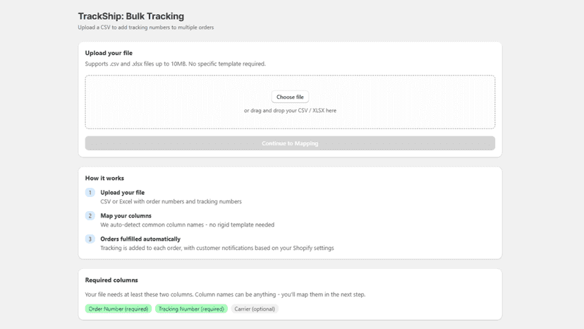 Bulk upload CSV to update Shopify order tracking numbers