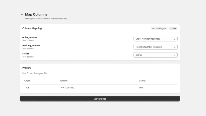 Map CSV columns to Shopify order tracking fields before upload