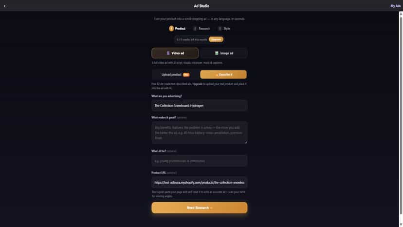 Creating an AI video ad from a product