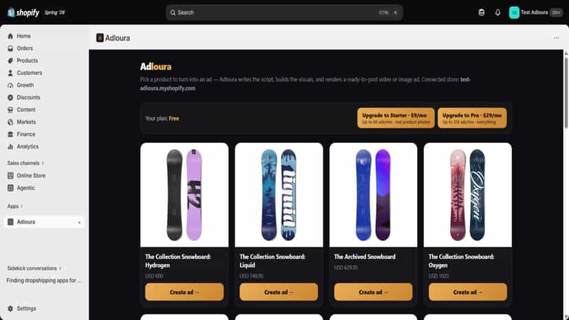 Adloura product picker showing store products