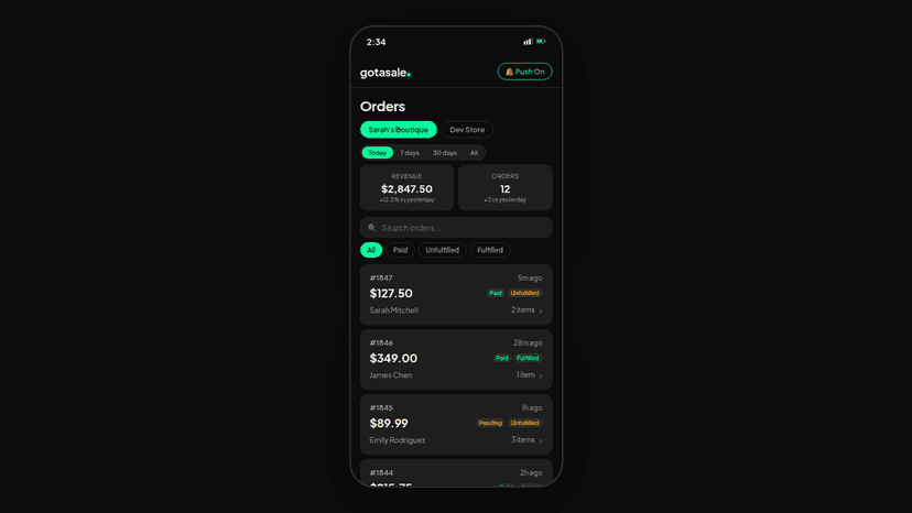 obile PWA order dashboard with stats and status badges