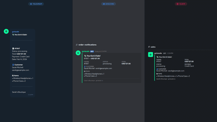 Order notifications on Telegram, Discord, and Slack
