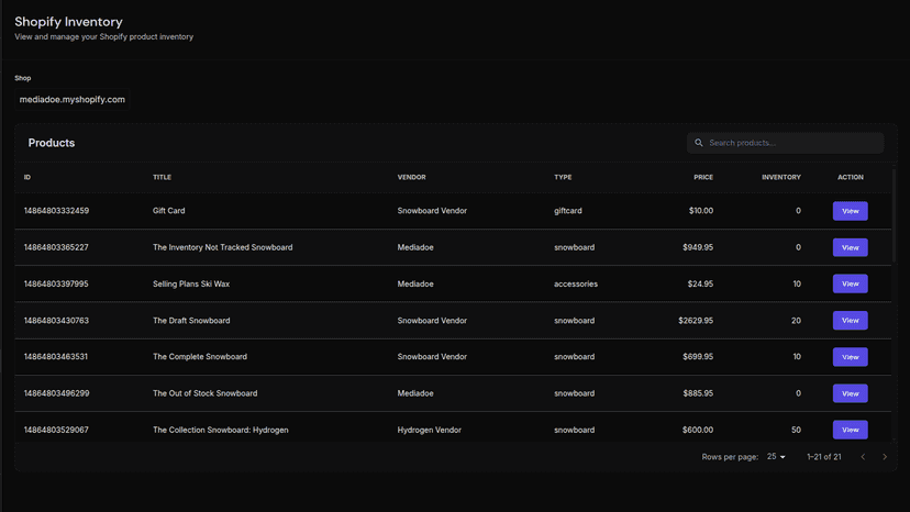 View and manage Shopify product inventory