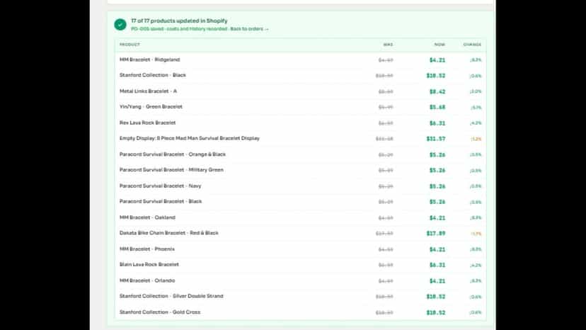 Before and after showing 17 product landed values updated