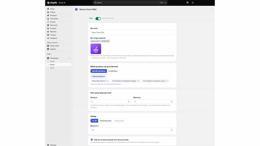 Choosebox admin editor for box items, rules and discounts