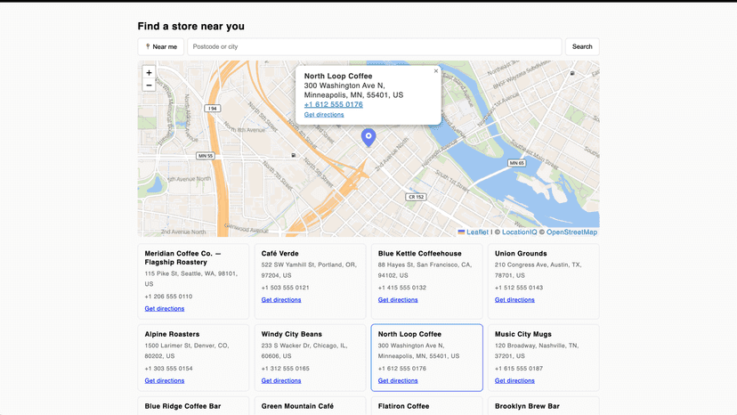 A selected store showing its details and a get-directions link