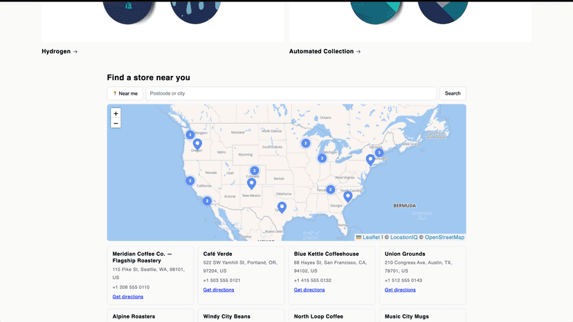 Store locator map with clustered pins across a country view