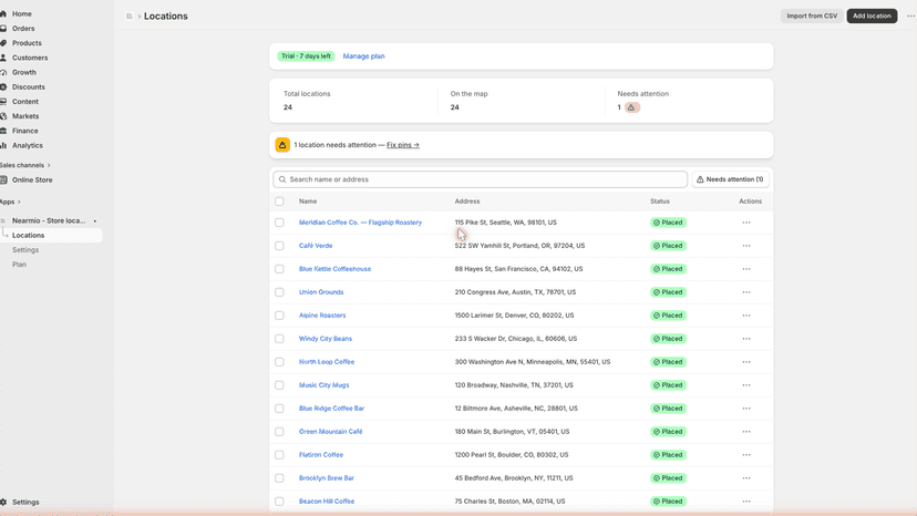 Admin location list with import status for each store