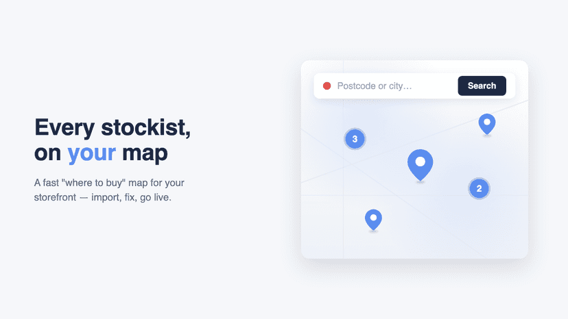 A storefront map with location pins and a postcode search bar.