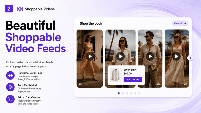 Horizontal shoppable video feeds with add-to-cart overlays