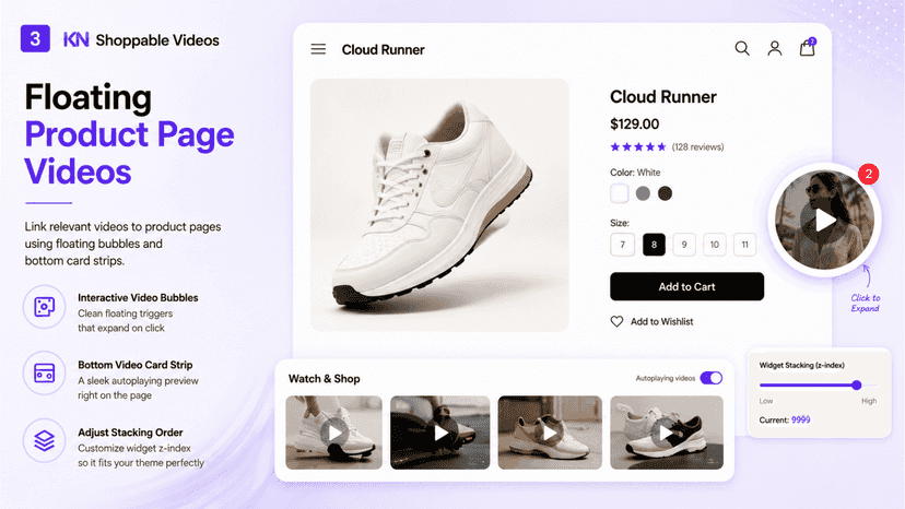 Floating product videos with interactive shopping widgets