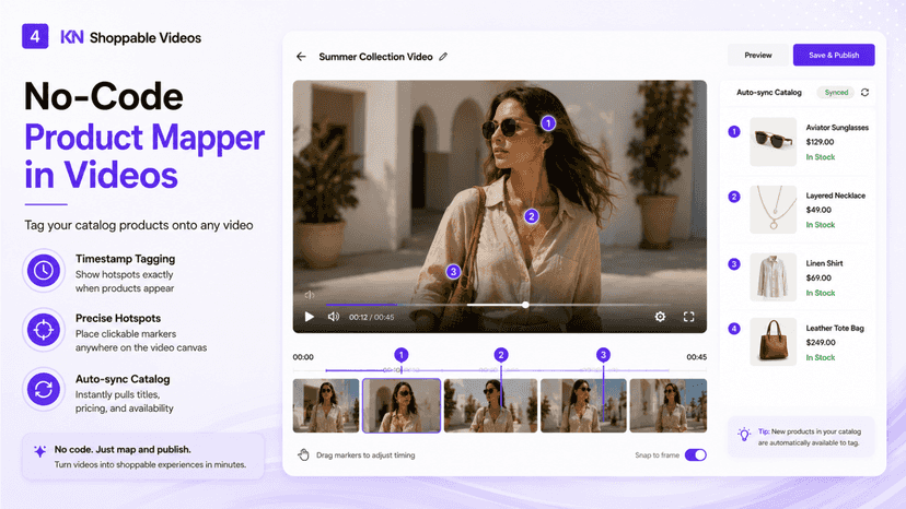 No-code video product mapper with auto-sync catalog