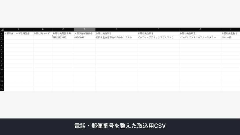 電話番号と郵便番号を整形した出力CSVをExcelで表示した例