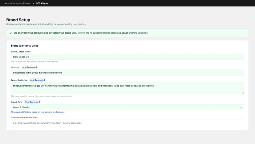 Brand DNA setup form with AI-detected tone and audience fields