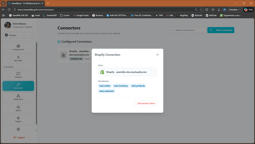 The permissions are visible for each connected store
