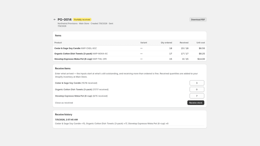 Receive full or partial shipments and update Shopify stock