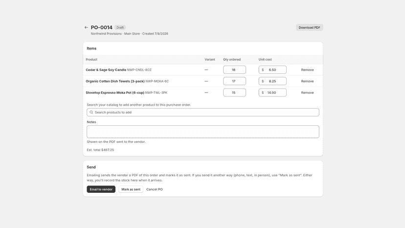 Purchase order by vendor, ready to email or download as PDF