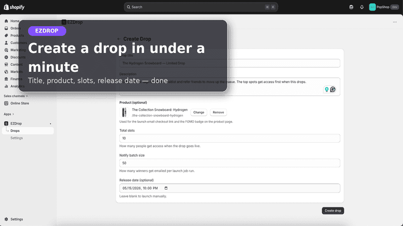 EZDrop admin: create a product drop in Shopify