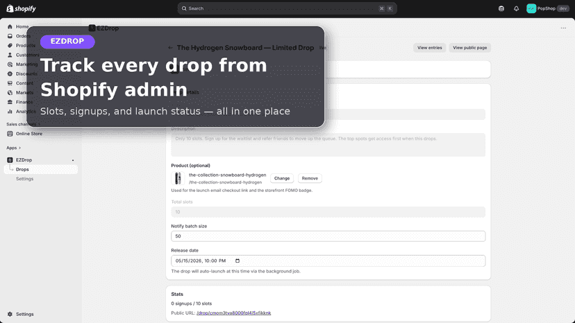 EZDrop admin: manage live drop stats and launch