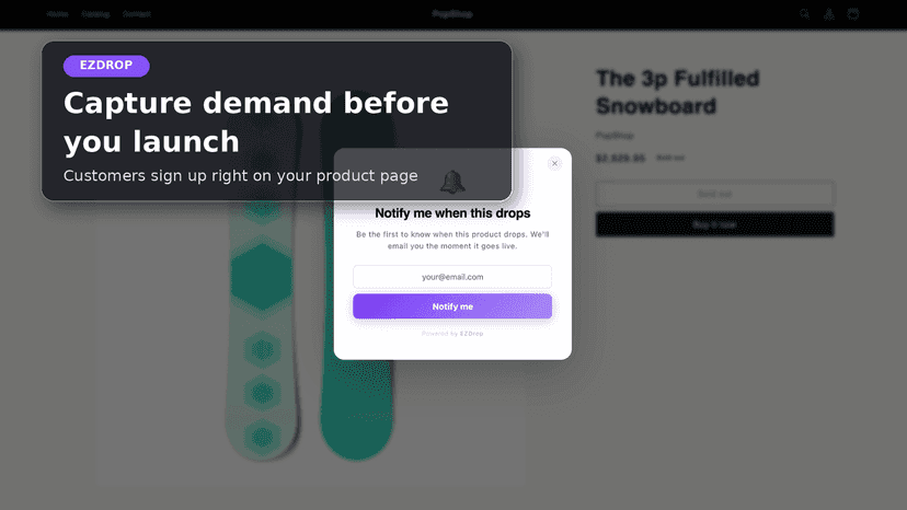 EZDrop notify-me popup on Shopify product page