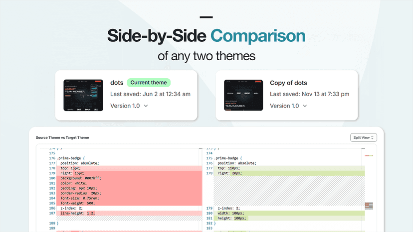 Side-by-side code comparison showing theme file differences