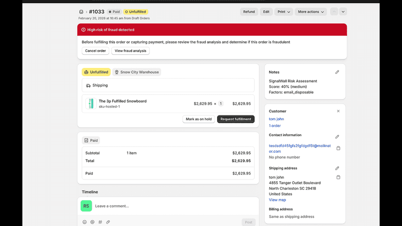 Shopify order flagged with risk tags and score breakdown