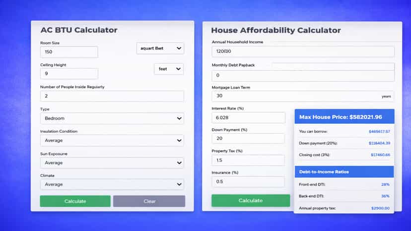 AC BTU calculator and home affordability calculator