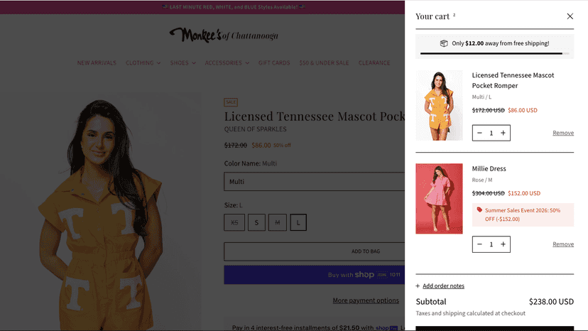 Shopping cart showing an automatic 50% promotion discount