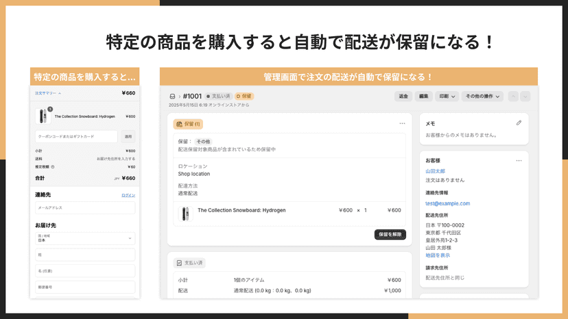 特定の商品を購入すると自動で配送が保留になる!