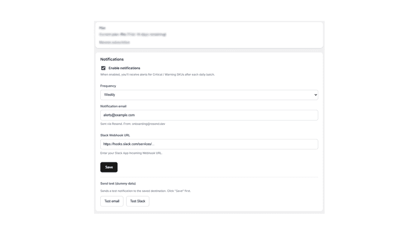 Notification settings with email and Slack integration