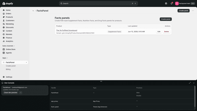 FactsPanel dashboard listing the facts panels created for a stor