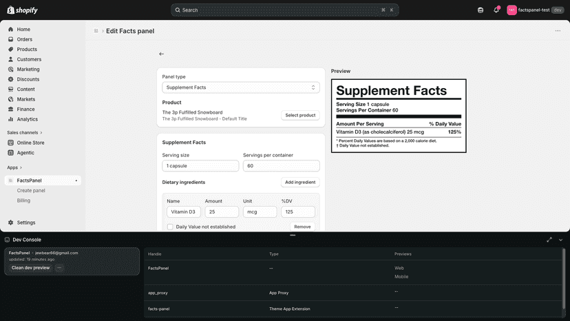 FactsPanel editor showing a Supplement Facts panel being built i