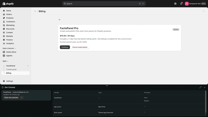 FactsPanel pricing and subscription screen with the FactsPanel P