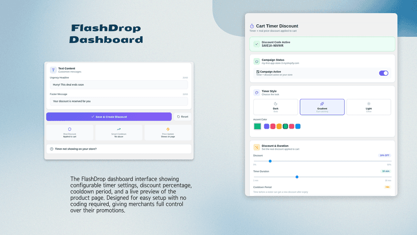FlashDrop dashboard with timer & live preview