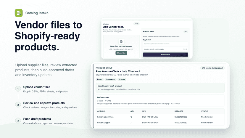 Vendor files to Shopify-ready products