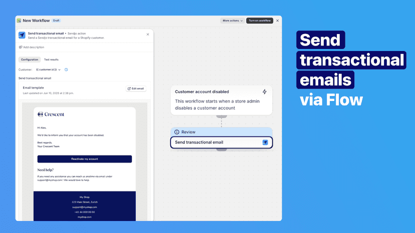 Add action to Shopify Flow to send transactional emails & sms