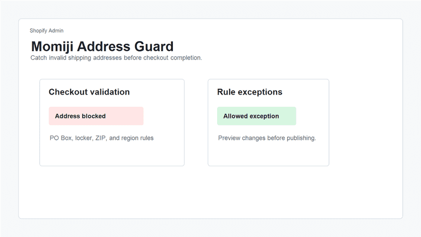 Momiji Address Guard checkout validation dashboard