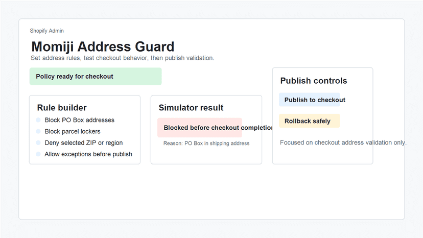Momiji Address Guard checkout validation dashboard