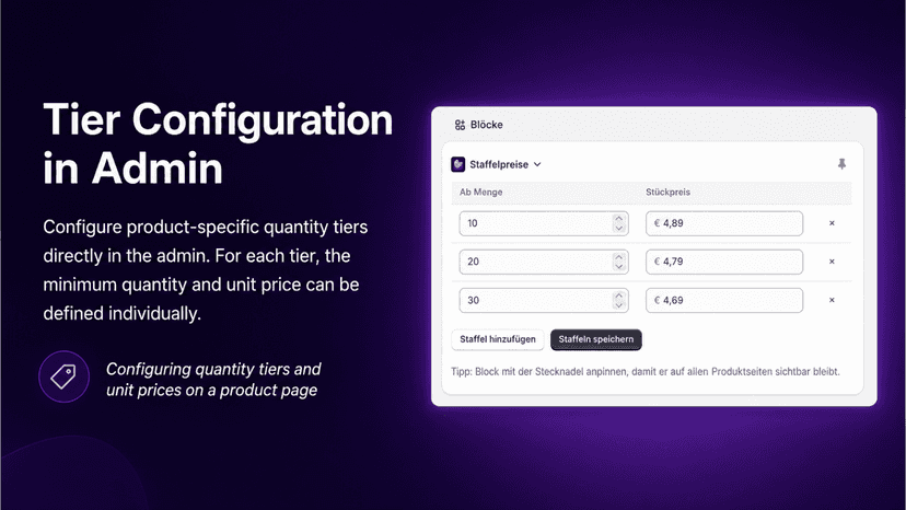 Configuring quantity tiers and unit prices on a product page