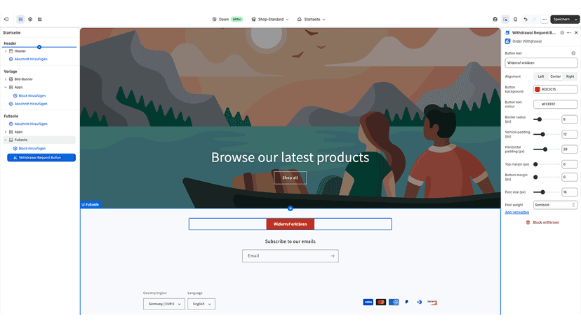 Widerrufsbutton im Theme Editor konfigurieren