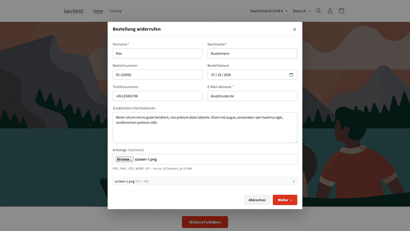 Widerrufsbutton im Theme Editor konfigurieren